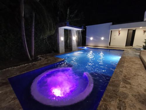 a pool with purple lights in a backyard at night at Casa condominio santa ana in Flandes