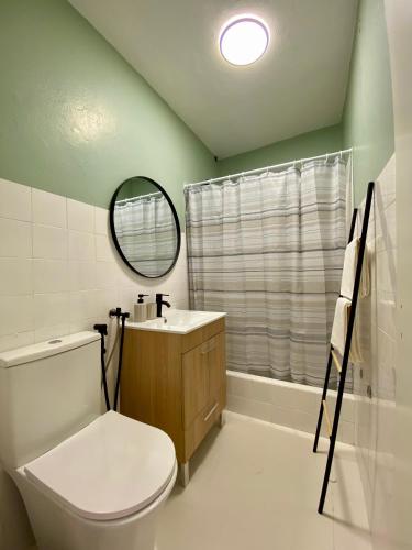 a bathroom with a toilet and a sink and a mirror at Casa da Aldeia in Bensafrim