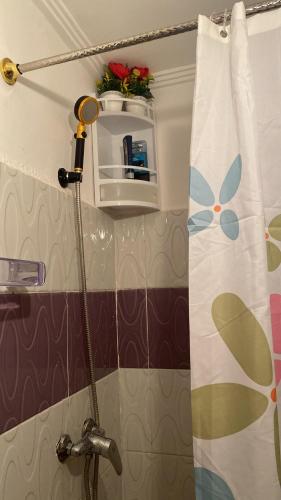 a bathroom with a shower curtain and a sink at Appart cosy 5 min plage in Gaams