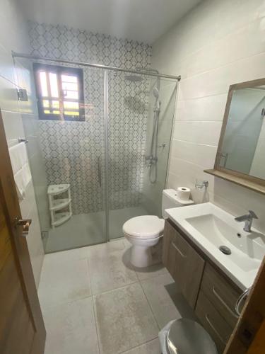 a bathroom with a shower and a toilet and a sink at VillaLunaCaridad in Jarabacoa