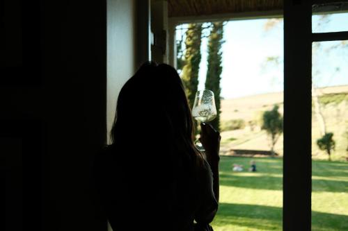 a woman is looking out a window while holding a wine glass at Gabriëlskloof Farm House in Botrivier