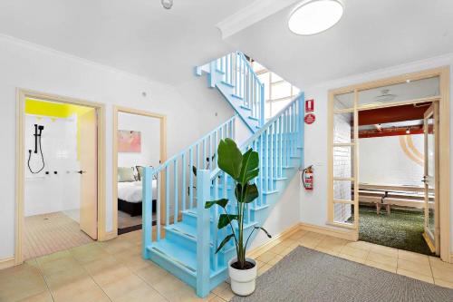 a blue staircase in a room with a potted plant at Fitzroy Private Rooms - 132 Nicholson Homestay in Melbourne