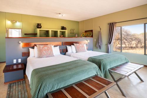 a bedroom with two beds and a window at Okonjima Plains Camp in Otjiwarongo