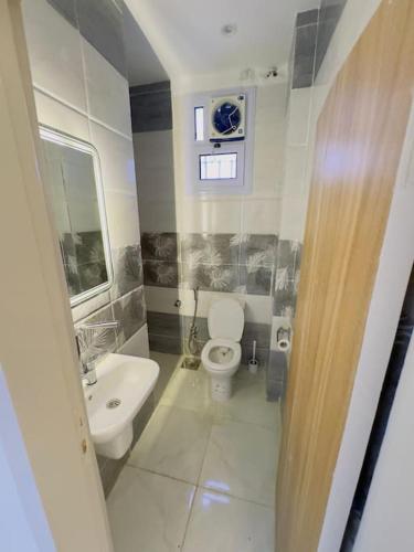 a bathroom with a white toilet and a sink at Moly House in Aswan