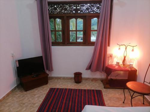 a living room with a television and a window at The Kingston Court in Kandy