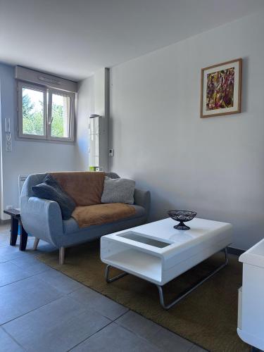 een woonkamer met een bank en een salontafel bij Gîte de Villedavid in Amboise