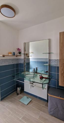 a bathroom with a glass counter and a sink at Chez Gerard in Saint-Pierre