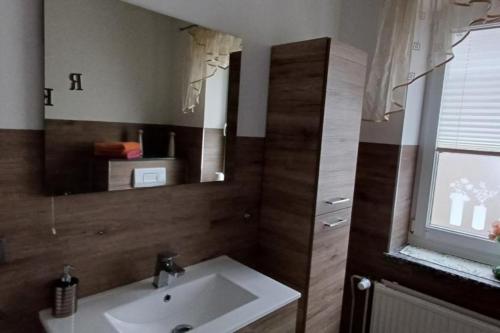 a bathroom with a sink and a mirror and a window at NEU! Ferienwohnung Brandy in Bad Muskau