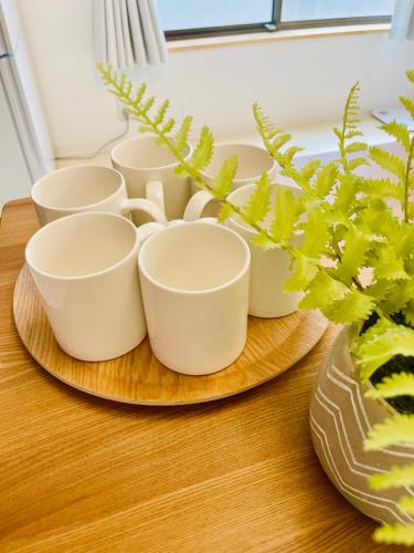 a group of cups sitting on a table at 晴空民宿 Sora House 晴空塔徒步圈 整栋出租 in Tokyo