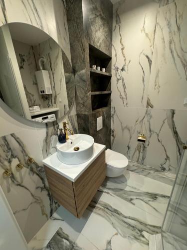 a bathroom with a sink and a toilet at Zgoda 5 Apartment in Gdynia