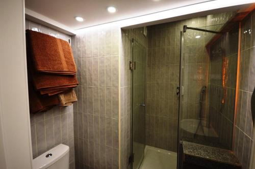 a bathroom with a shower and a toilet and a sink at Kyiv Whisky Box Apartments in Kyiv