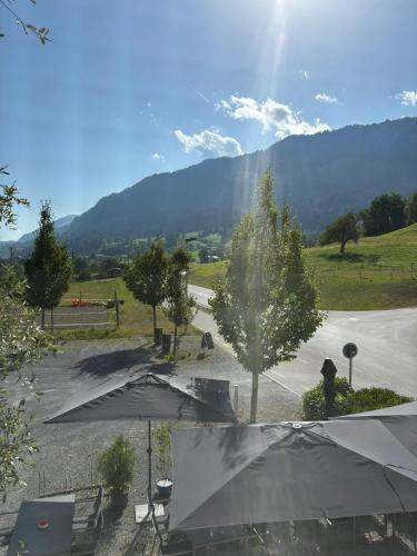 a group of umbrellas in a parking lot at Landgasthof zum Glenner in Ilanz