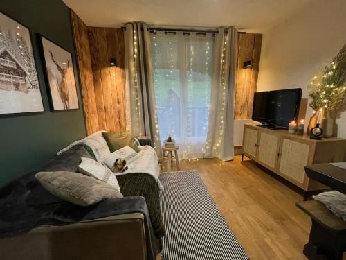 un salon avec un canapé et une télévision dans l'établissement Studio au pied des pistes, à La Morte