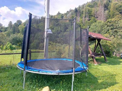 a trampoline with a net in a yard at Садиба у Курила з сауною та чаном на дровах in Shepot