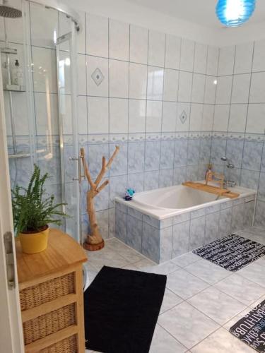 a bathroom with a bath tub and a shower at Maison à la campagne in Meursac