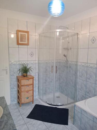 a bathroom with a shower and a sink at Maison à la campagne in Meursac