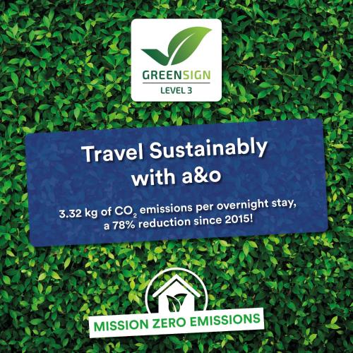 a sign for the green ecosystem level travel sustainability with aso at a&o München Laim in Munich