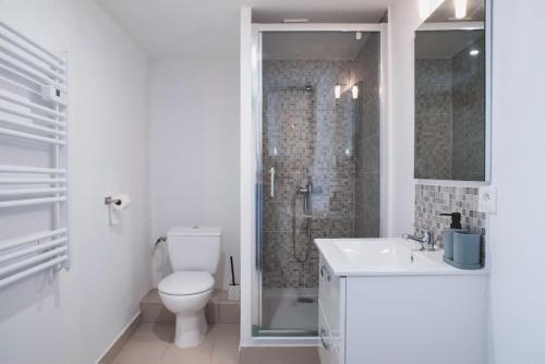 une salle de bain avec toilettes, douche et lavabo dans l'établissement Studio Le Fresne, à Sainte-Gemme-sur-Loire