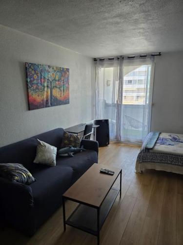 un salon avec un canapé et une table dans l'établissement Charmant Studio au Cœur de La Grande Motte, à 2 min de la Plage, à La Grande Motte