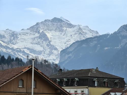 a mountain with snow capped mountains in the background at Hotel Rössli in Interlaken