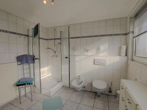 ein Badezimmer mit Dusche, Toilette und Waschbecken in der Unterkunft Thiessen - Ferienwohnung mit sonnigem Balkon in Silberstedt