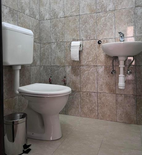 a bathroom with a toilet and a sink at Ikervár-lak in Ikervár