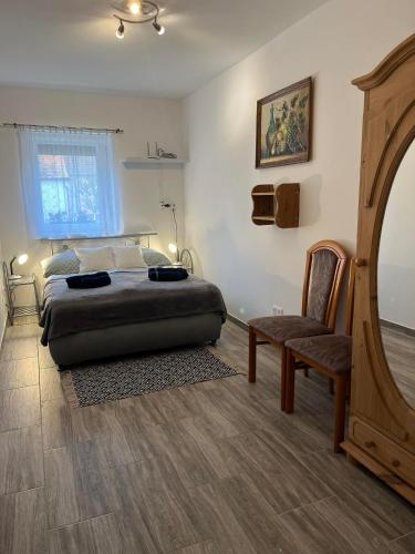 a bedroom with a bed and a chair and a mirror at Ikervár-lak in Ikervár