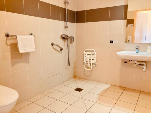 a bathroom with a toilet and a sink at Logis Hôtel Restaurant Le Top du Roulier in Capendu