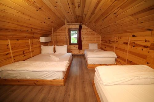 a room with two beds in a log cabin at TUVA VİLLA Bungalov in Çamlıhemşin