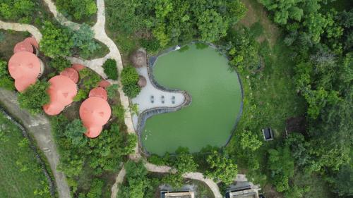 an overhead view of a green lake in a park at Bella Basera in Kumbhalgarh