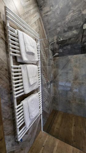 a bathroom with a shower and towels on a rack at Król Puszczy - unikatowy dom, jezioro 80m, szlak Krutyni in Ruciane-Nida