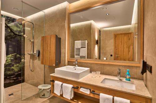 un bagno con lavandino e specchio di Familotel Schreinerhof a Schönberg