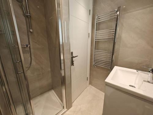 a bathroom with a shower and a sink at Luxury 1-Bed Flat in Acton in London