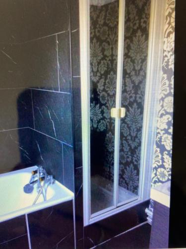 a bathroom with a glass shower and a sink at L’hirondelle du Faubourg in Saudemont