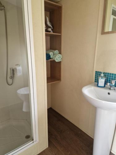 Un baño con lavabo, inodoro y ducha. en Lodge Sleeps 4 - Pet Friendly with Private Parking, en Barnstaple