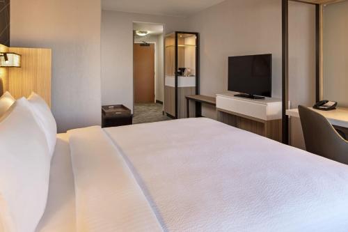 a hotel room with a bed and a flat screen tv at SpringHill Suites by Marriott Turlock in Turlock