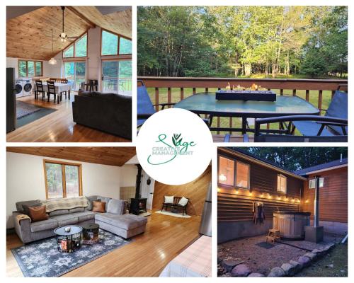 a collage of four pictures of a house at Rustic Catskills Cabin with Hot Tub and Mountain Views in Prattsville