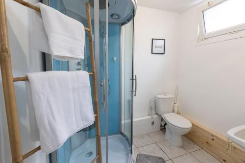 une salle de bain avec une douche en verre et des toilettes dans l'établissement Joli studio confortable, à Saint-Quentin