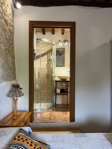 a bathroom with a glass door leading to a sink at Antica Fonte Eterna - Casale in incantevole contesto Toscano in Colle di Val d'Elsa