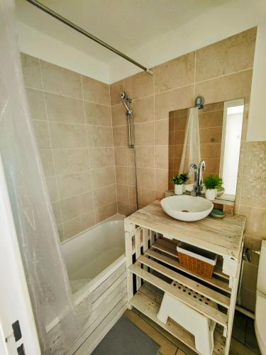 une salle de bain avec un lavabo et une baignoire dans l'établissement Joli studio à la Grande Motte, à La Grande Motte