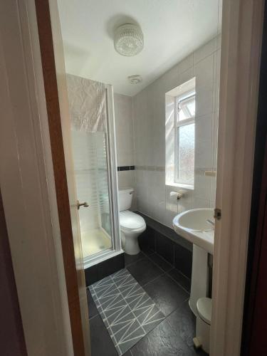 a bathroom with a toilet and a shower and a sink at The Prince of Wales in Huntingdon