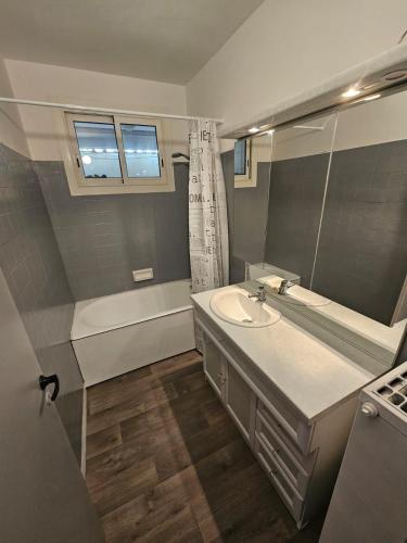 une salle de bain avec un lavabo, une baignoire et un miroir dans l'établissement Appartement GGCH 4 chambres, à Montélimar