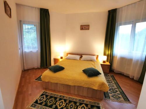 a bedroom with a bed with two pillows on it at INTRE CASCADE in Baia de Arieş
