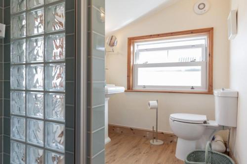 a bathroom with a toilet and a window at Australis, a charming and cosy cottage in Southwold in Reydon