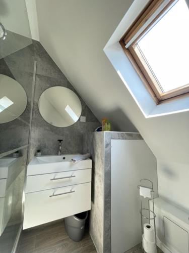 une salle de bain avec un lavabo et un miroir dans l'établissement Appartement 3 personnes, Frontière Suisse (Bâle), à Saint-Louis