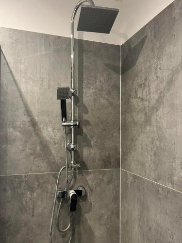 a shower with a shower head in a bathroom at Apartament Andrea in Oleśnica
