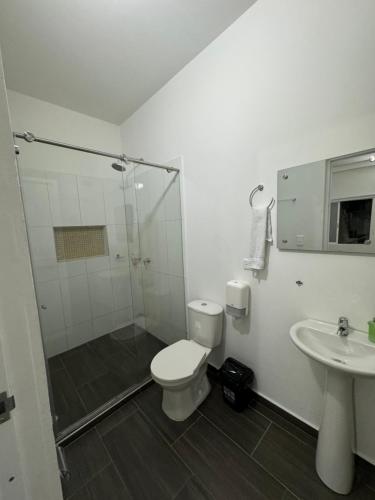 a bathroom with a shower and a toilet and a sink at Hotel FENIX in Doradal