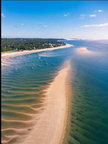 une vue aérienne d'une plage avec des bateaux dans l'eau dans l'établissement Appt T2 à 10 m de la plage, à Arcachon