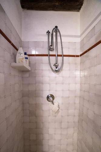 a tiled bathroom with a shower and a toilet at Cozy chalet "Da Silvio e Bruna" in Santo Stefano di Sessanio