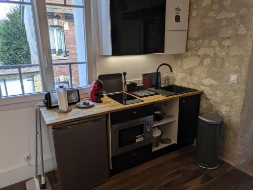 a kitchen with a counter with a sink and a microwave at 2 Pièces Neuf Centre Ville, Magny Compiègne in Margny-lès-Compiègne